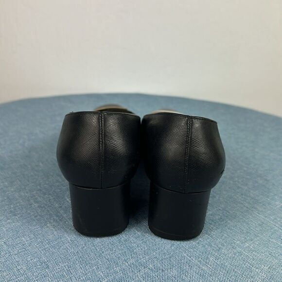 Salvatore Ferragamo Black Leather Square Toe Gold Logo Block Heels Size 7.5 C - Picture 4 of 9